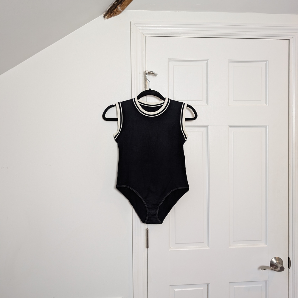 S Wolford Bodysuit | Black and White Bodysuit | Minimalist Design Snap Bottom